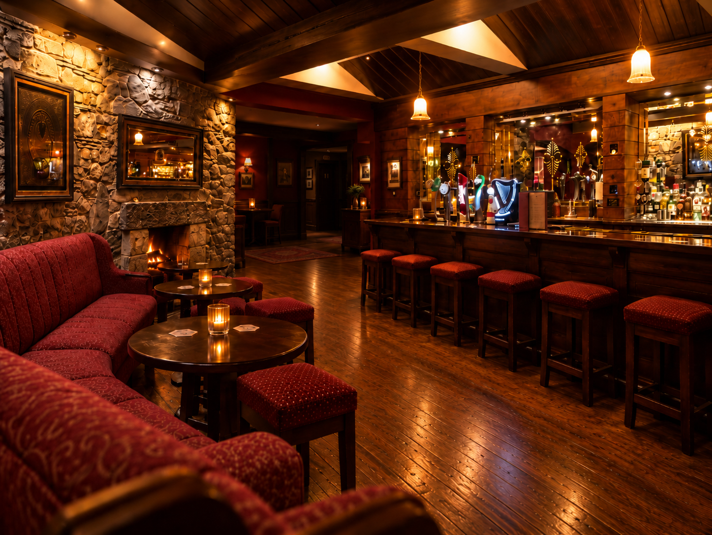The Lounge with warm lighting, red seating, a stone fireplace and wooden bar